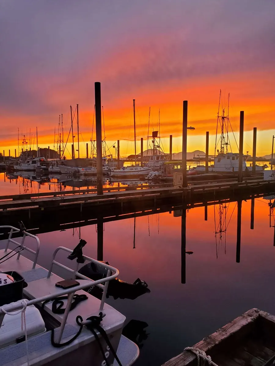 Sunset over the harbor in Sitka, Alaska