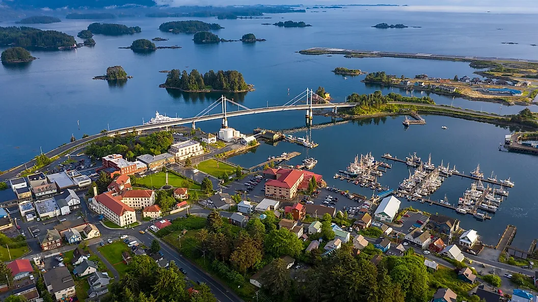 Aerial view of Japonski Island bridge and Sitka harbor